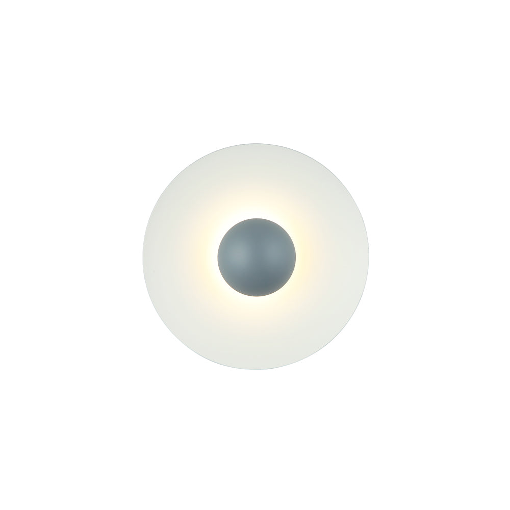 Round wall light fixture with a white shade and gray center 