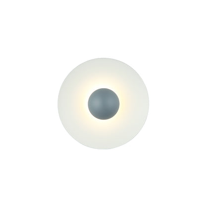 Round wall light fixture with a white shade and gray center 